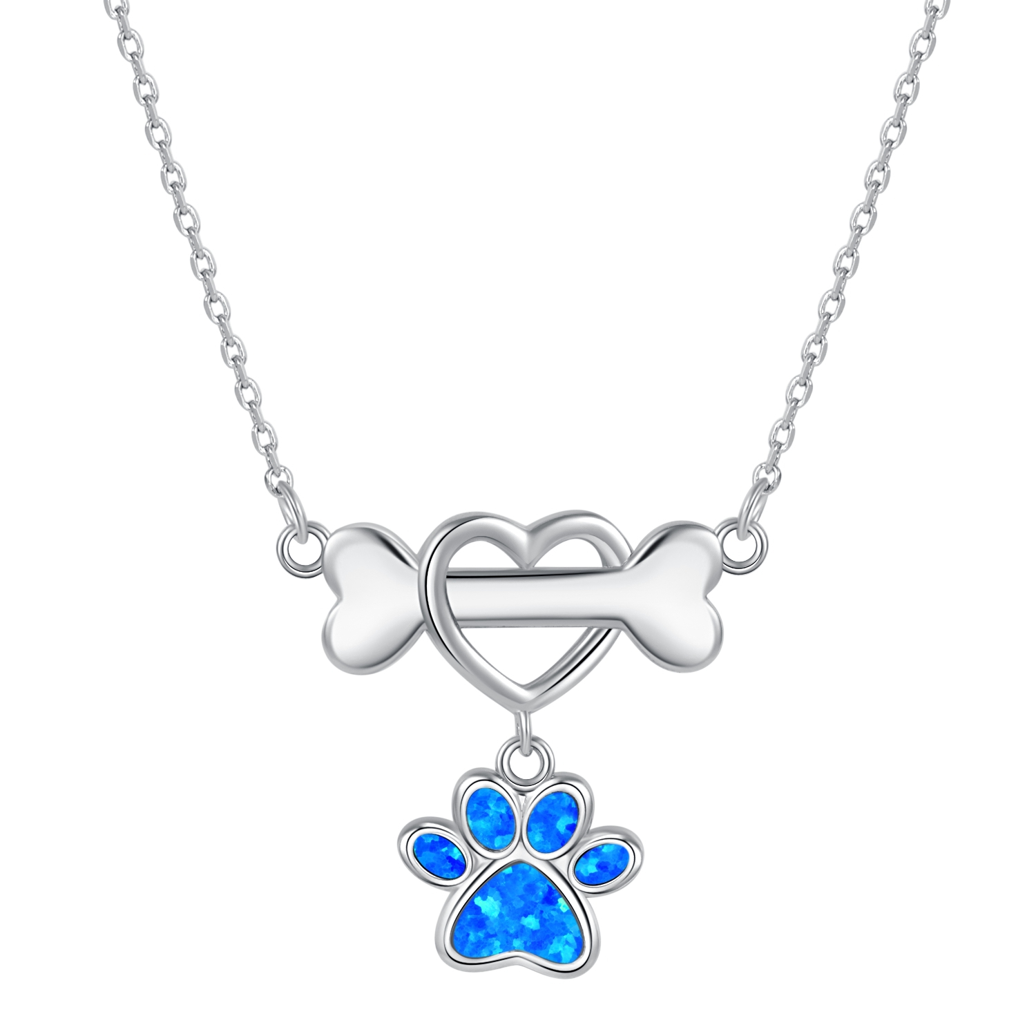 Collar con colgante de hueso de perro con corazón creado con ópalo azul/blanco, joyería de plata de ley para mujeres o adolescentes