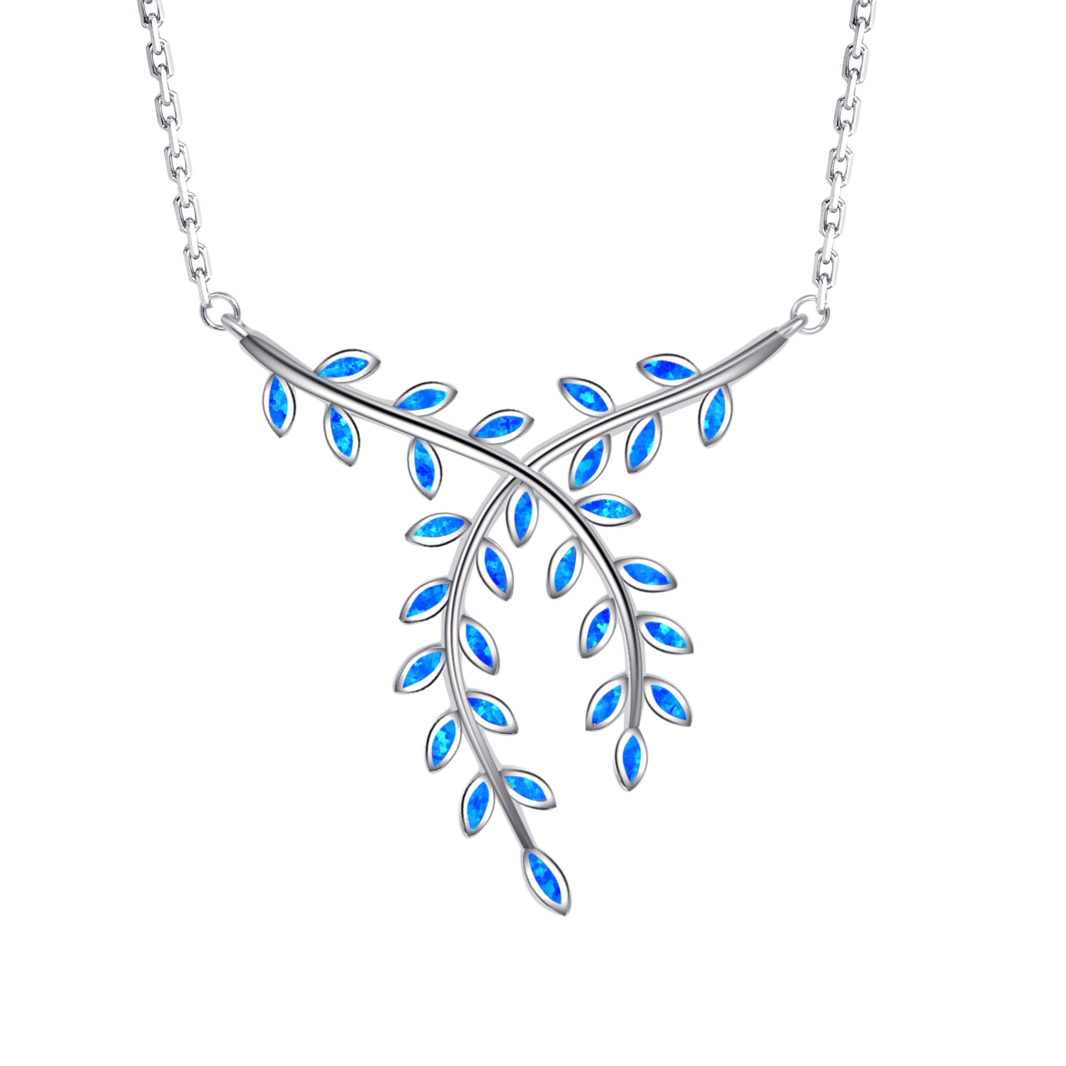 Sterling Silver 925 Blue Opal Greek Olive Leaves Pendant & Chain Necklace, Ancient Greek Leaf leaves Opal Pendant, Olive Leaves Necklace