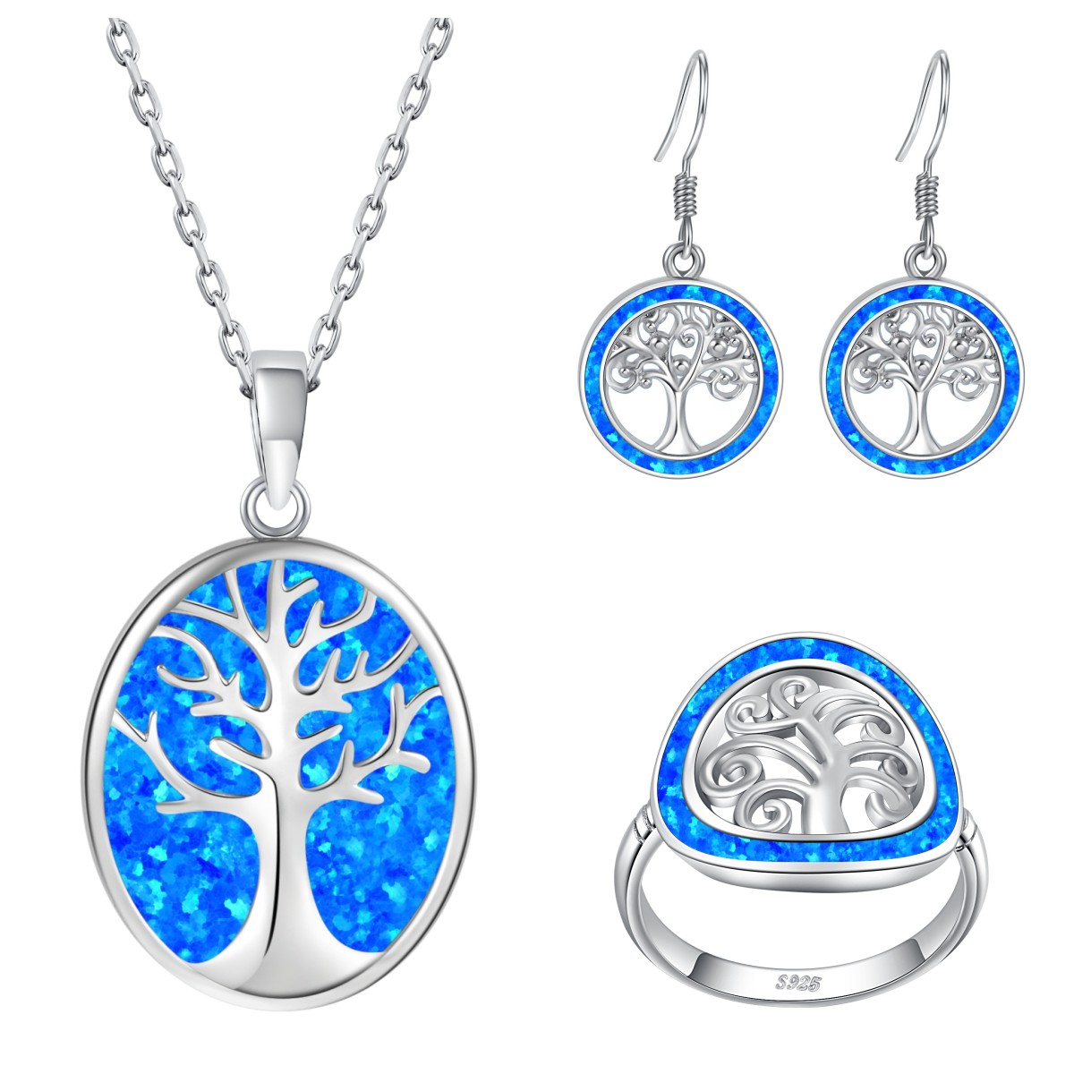 Blue Opal Tree Of Life .925 Sterling Silver Pendant & Earring & ring Set