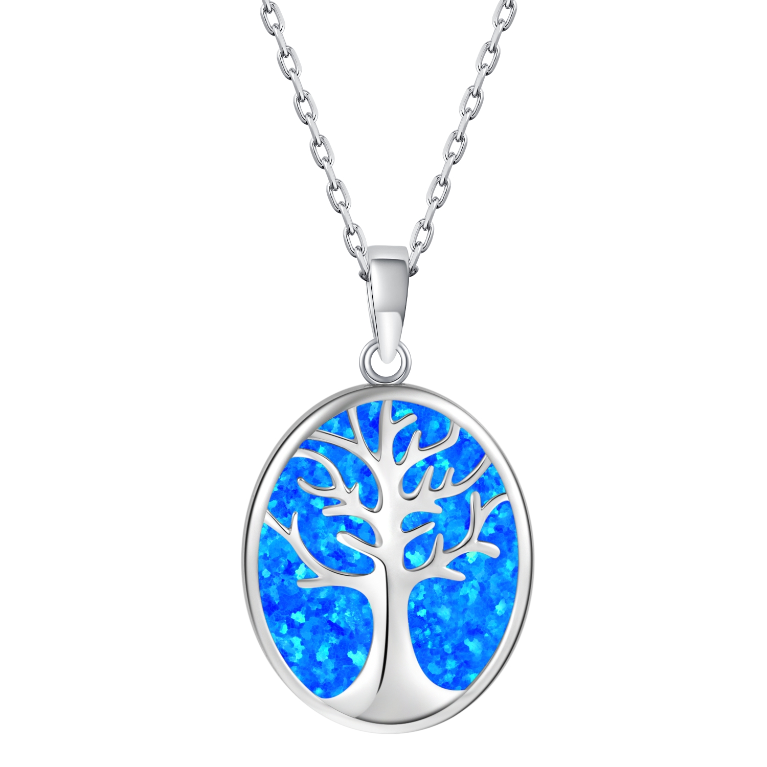 925 Sterling Silver Tree of Life Pendant With Created Opal Inlay