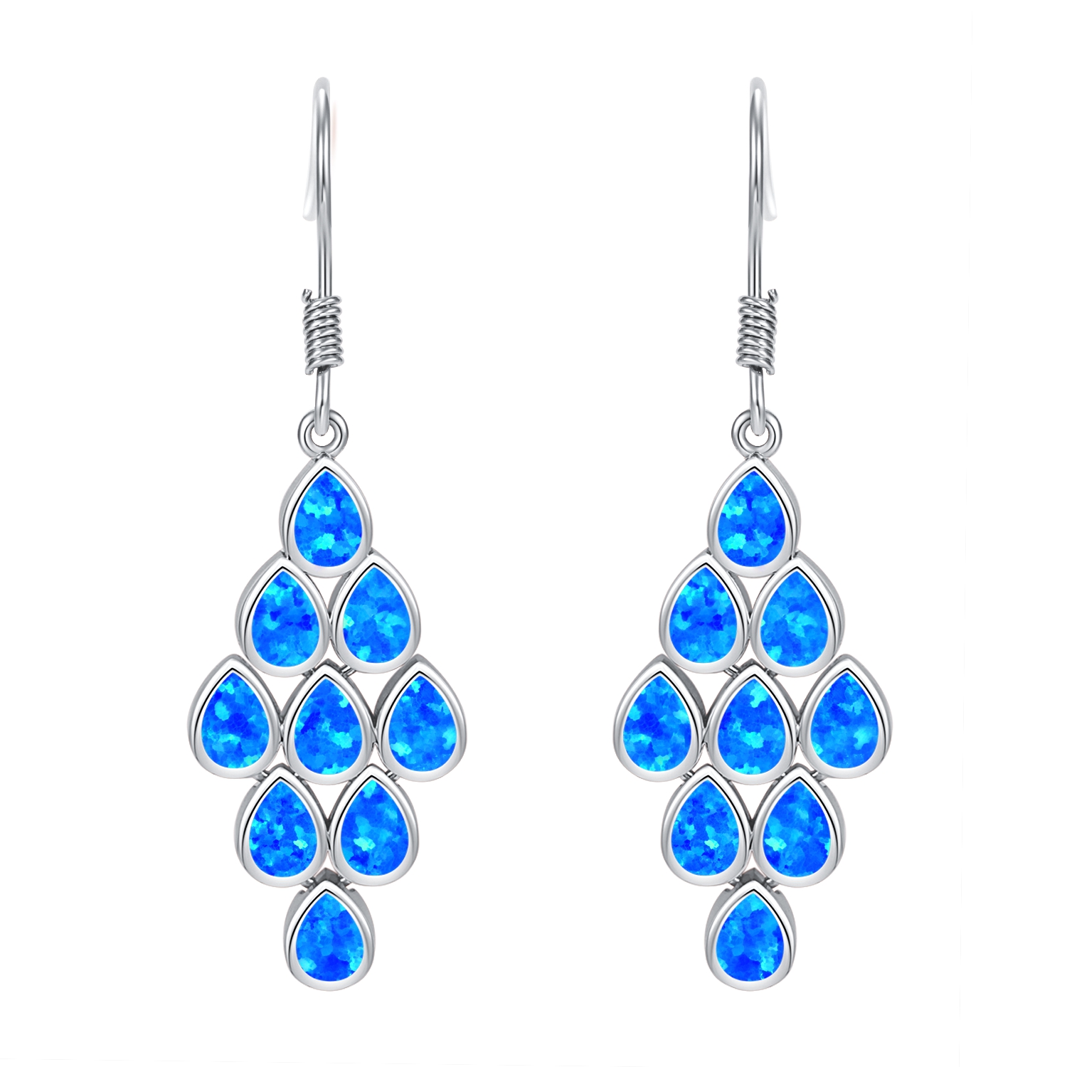 Sterling Silver Blue/White Lab Opal Pear Shaped Earrings