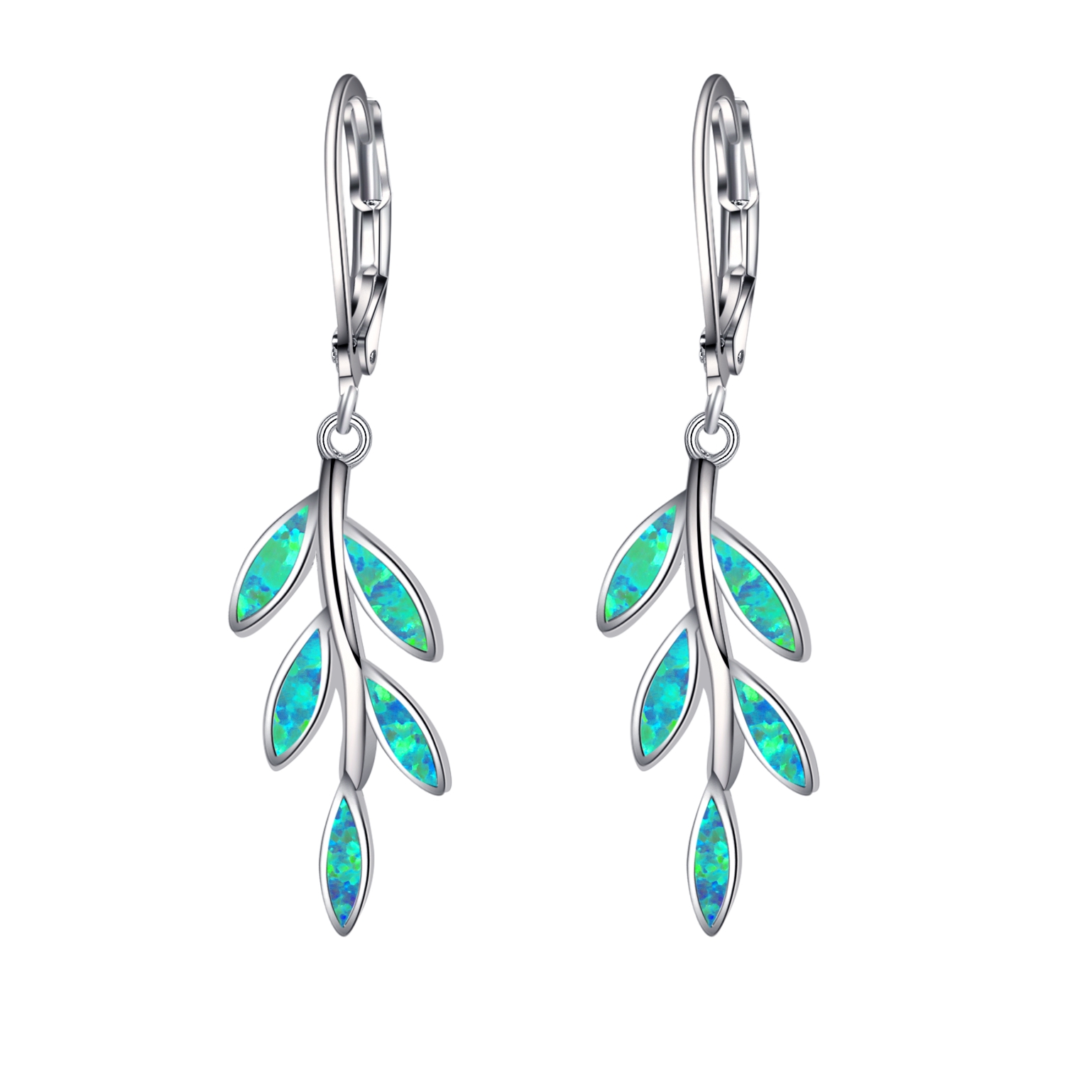 Silver Blue Opal Olive Tree Branch Leaf Long Earrings